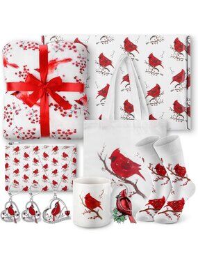 8 Pcs Cardinal Gift Set for Women - Flannel Blanket, Jewelry, Handbag & More